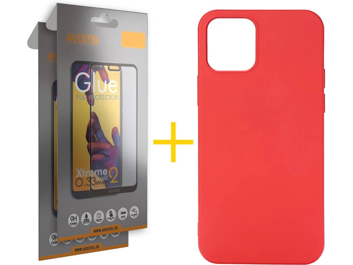 Kit Capa e Película Vidro Full2X  iPhone 11 Pro Max Accetel Silicone Vermelho