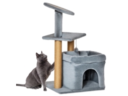 Arranhador Com Postes De Juta, Casa E Almofada Em Peluche, Altura 84cm, Na Cor Cinzenta