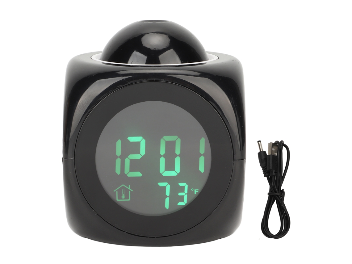 Relógio de projeção LED Baok-reloj, mini despertador digital com timer de voz, projetor e cabo USB, preto.