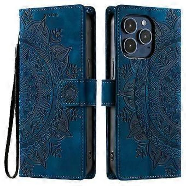 Capa Compatível Com O Modelo 018 Para Iphone 16 Pro, Carteira Em Couro Com Textura De Pele E Estampa De Totem Em Relevo (azul)