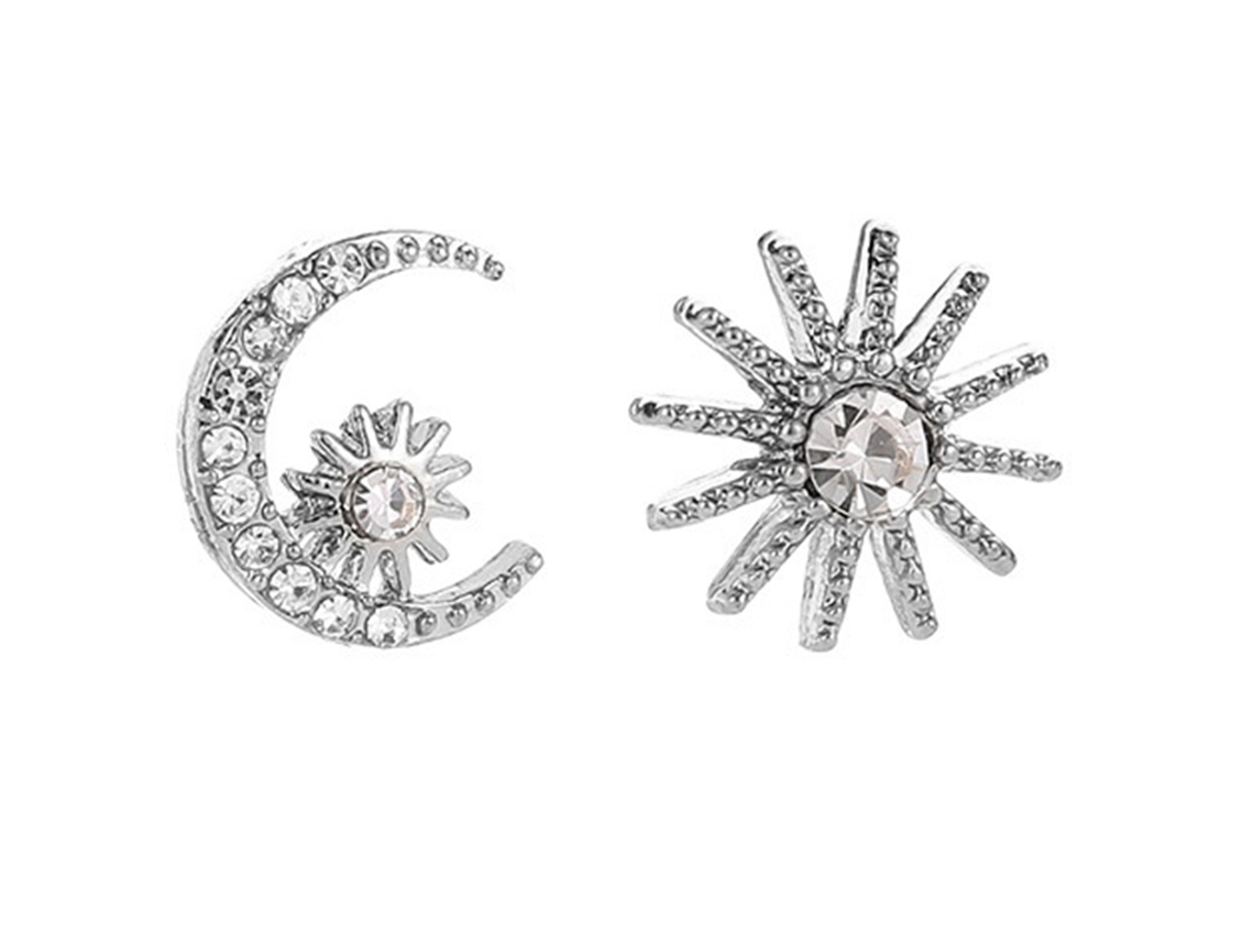Brincos De Liga Assimétricos Com Strass Sol Lua Prateado