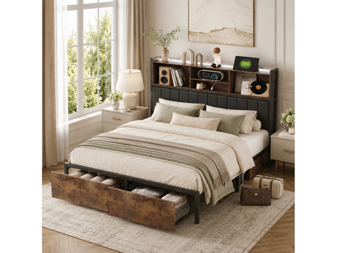 Cama Metálica 160x200cm com Estrado de Ripas, Espaço para Arrumação, Led, Porta USB e Gavetas, Preto e Castanho MEXUS