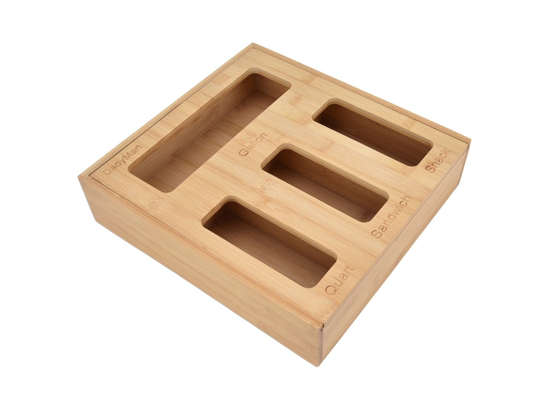 Organizador de Sacos de Cozinha de Bambu com 4 Compartimentos e 21 Adesivos para Armazenamento