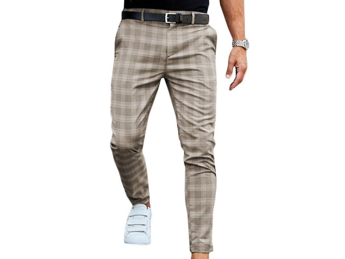 Calça Chino Masculina De Quadros Elegantes Skinny Formais Empresa Poliéster S Caqui