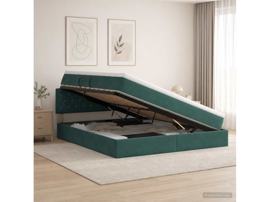 Vidaxl Cama Com Armazenamento Verde-escuro 140 X 200 Cm Veludo