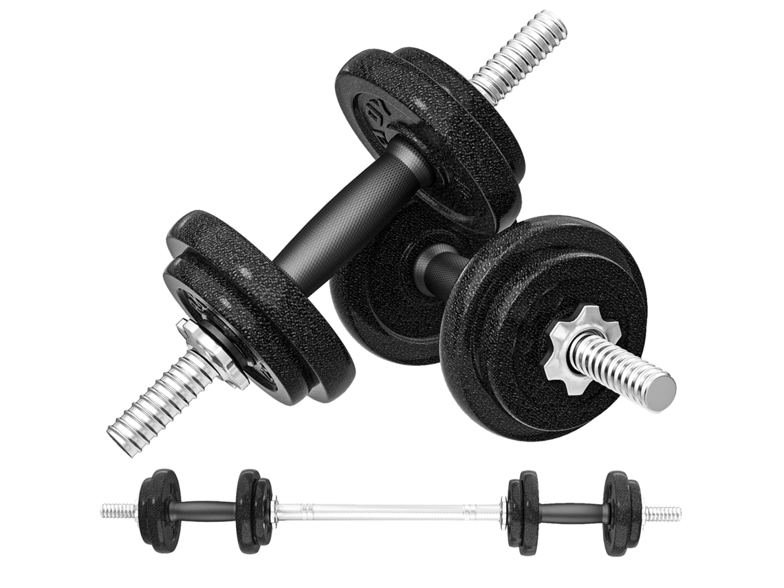 Conjunto MARCA de barra de halteres, 2 em 1, 20 kg, 8 placas aço, empunhaduras antiderrapantes