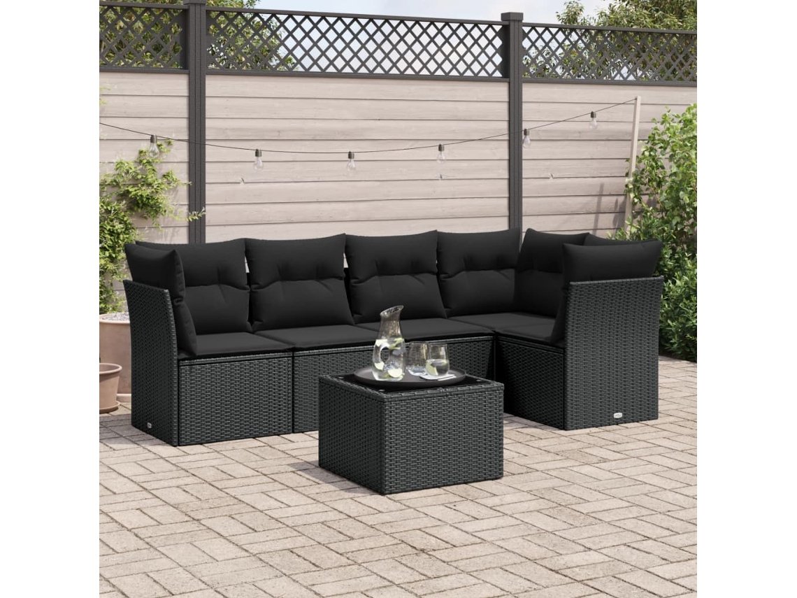 Vidaxl 6 Pcs Conjunto Sofás De Jardim C/ Almofadões Vime Pe Preto