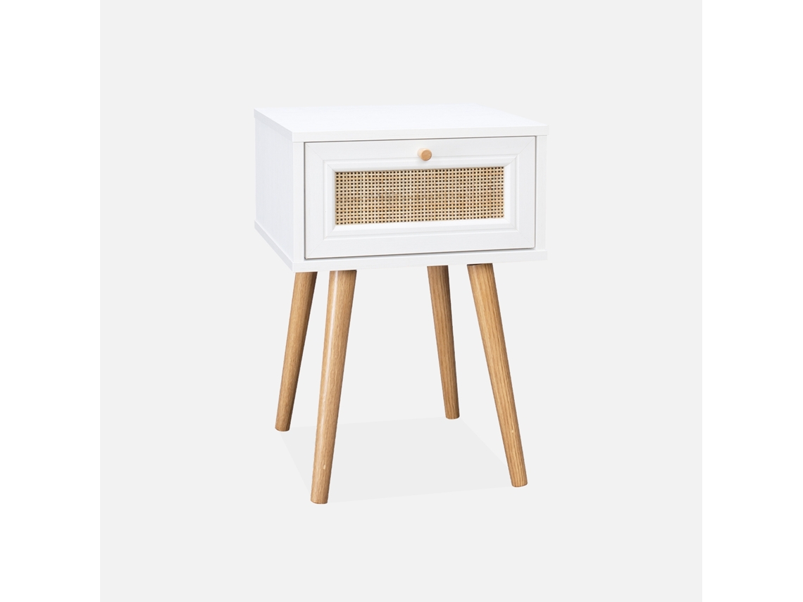 Mesa de Cabeceira com Efeito Madeira e Cana 1 Gaveta Branco SWEEEK