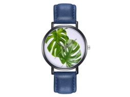 Relógio analógico unissex de quartzo com pulseira de couro PU com estampa de folhas verdes (azul)