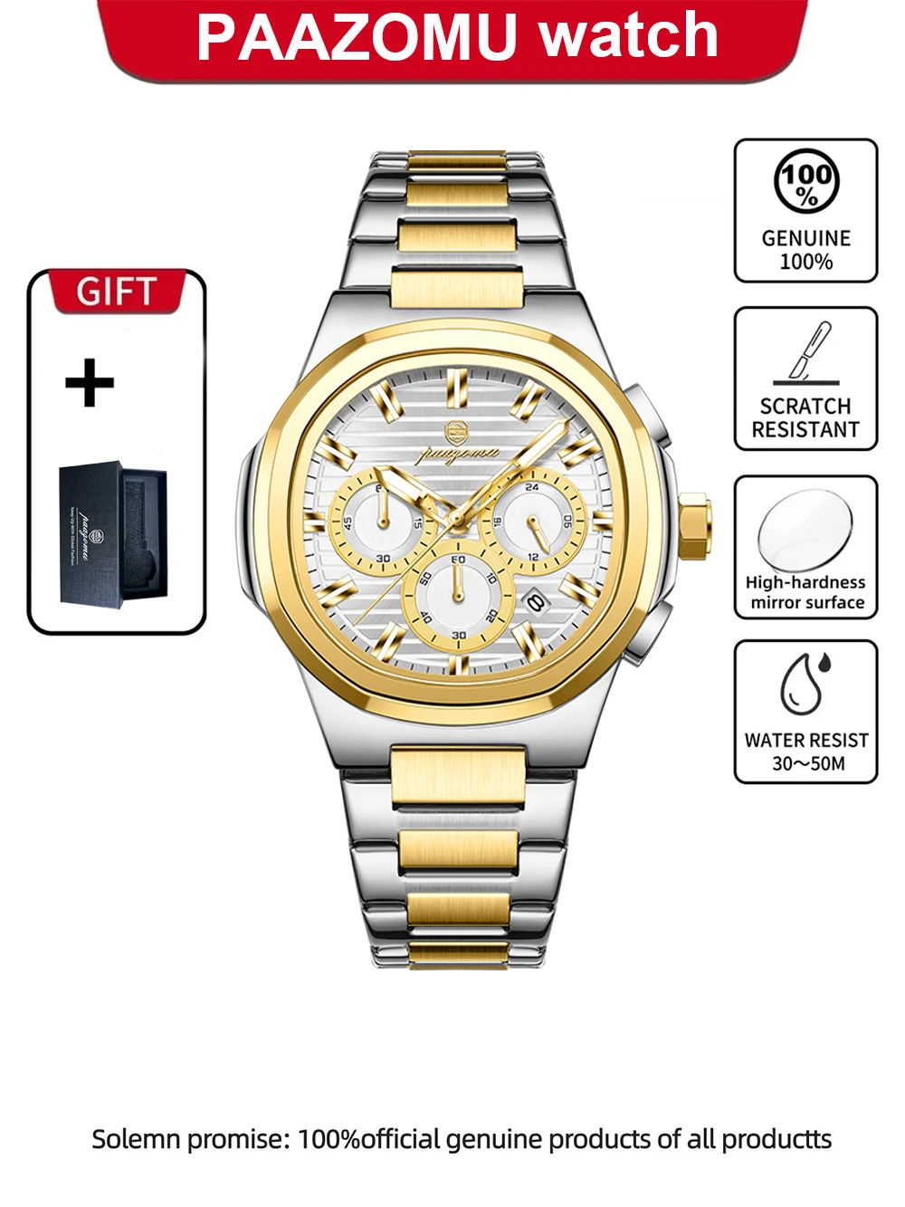 Relógio Elegante E À Prova D'água (dourado E Branco) Com Cronógrafo E Indicador De Data.