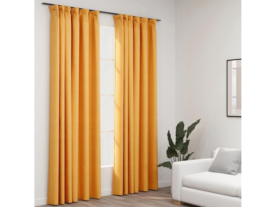 Vidaxl Cortinas Opacas Aspeto Linho C/ Ganchos 2 Pcs 140x225cm Amarelo
