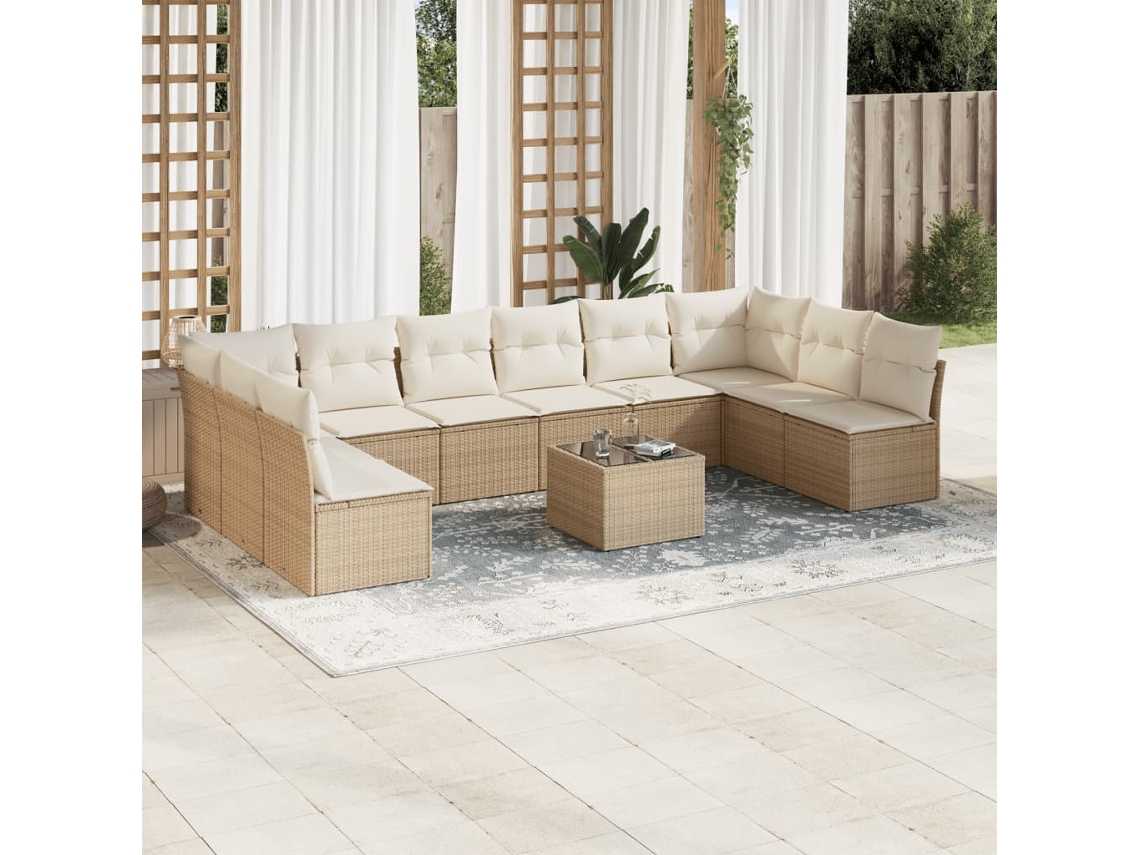 Vidaxl 11 Pcs Conjunto Sofás De Jardim C/ Almofadões Vime Pe Bege