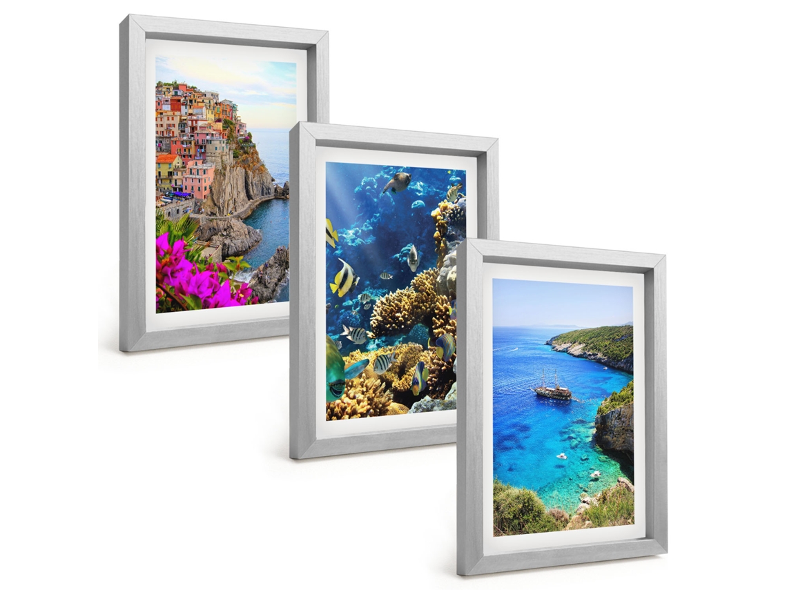 Um Conjunto De Imagens Decorativas Em Uma Molduravistas Costeiras, Casas Coloridas Moldura Prateada Pinturas De Quarto Espelharte (3 Peças 20x30 Cm)
