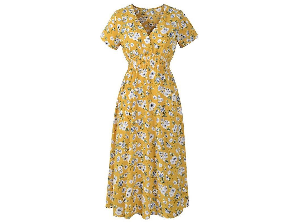 Vestido Midi De Chiffon Boho Verano Com Estampa Floral E Pontos Quadrados Colo V Manga Curta Cintura Alta Praia S Floral Pequeño Amarillo