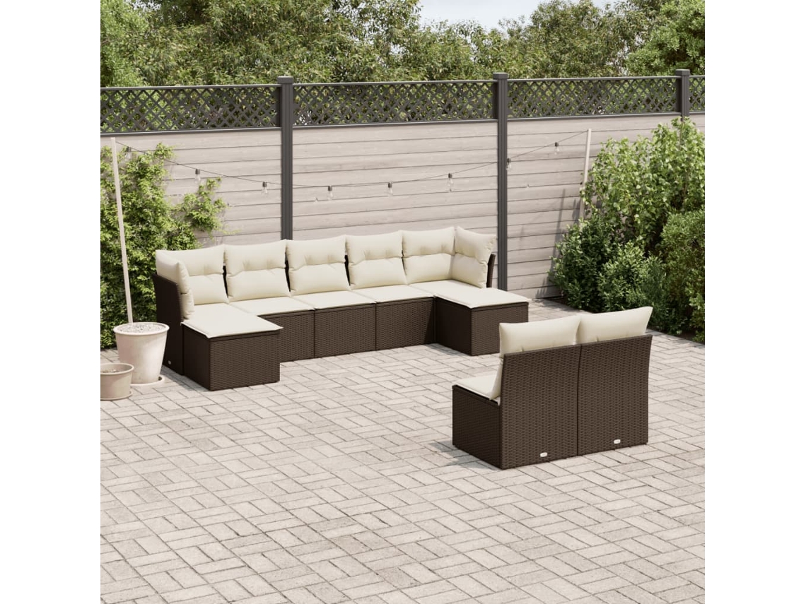 Vidaxl 9 Pcs Conjunto Sofás P/ Jardim C/ Almofadões Vime Pe Castanho