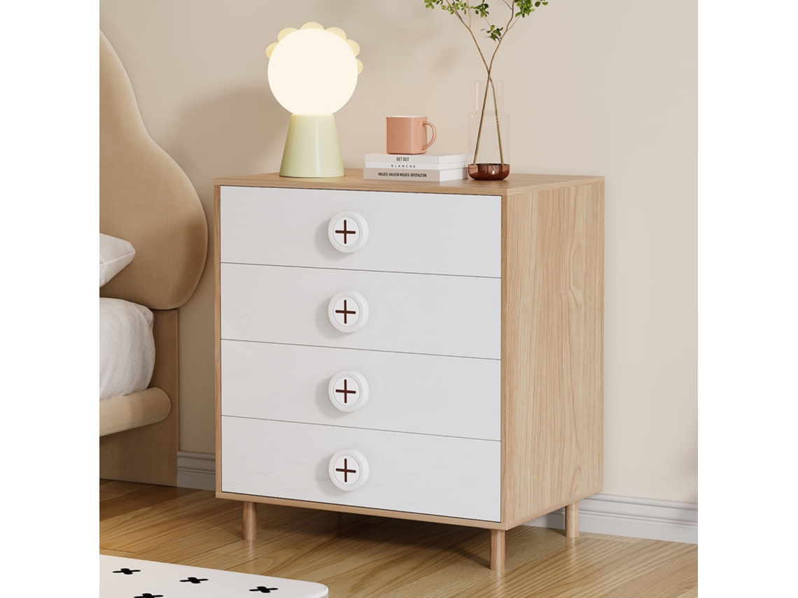 Mesa de Cabeceira NOVELA 80x54x90 cm com 4 gavetas, suporte reforçado e MDF lacado branco