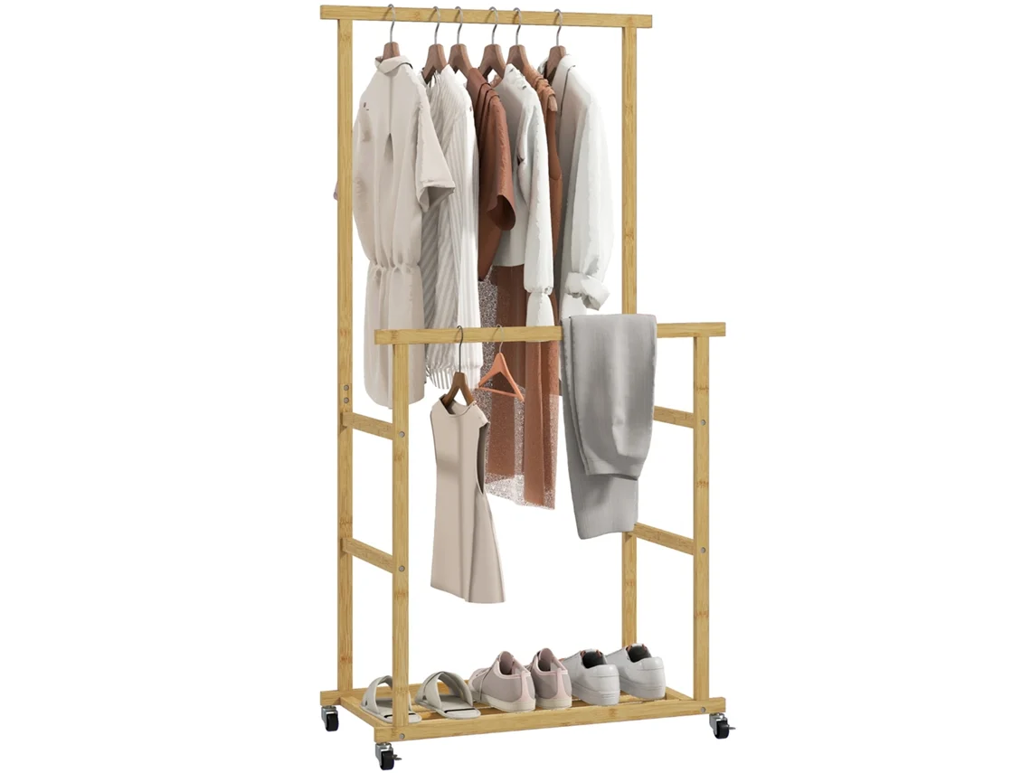 Cabide com 2 barras, prateleira, 4 rodas, bambu, 80x40x160cm, madeira natural