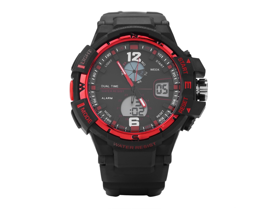 Relógio esportivo digital masculino à prova d'água com visor duplo e pulseira de borracha, vermelho.