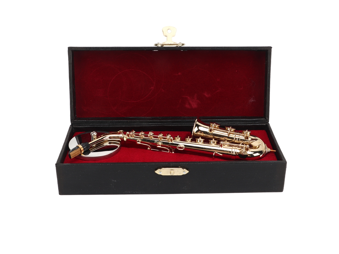 Mali modelo de Saxofone Alto Miniatura com Base e Estojo 16cm Ornamentos de Boneca