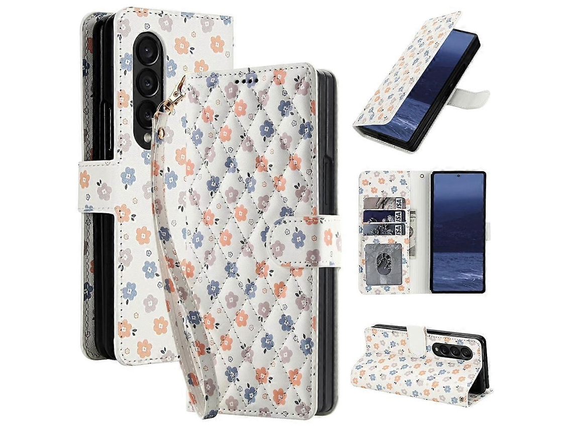 Capa De Couro Com Fivela E Estampa Floral, Com Cordão, Para Samsung Galaxy Z Fold4