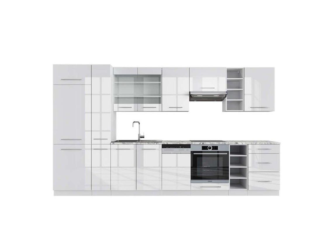 Cozinha Fame-Line, 355 cm, Mármore PT, branco brilhante/branco VICCO
