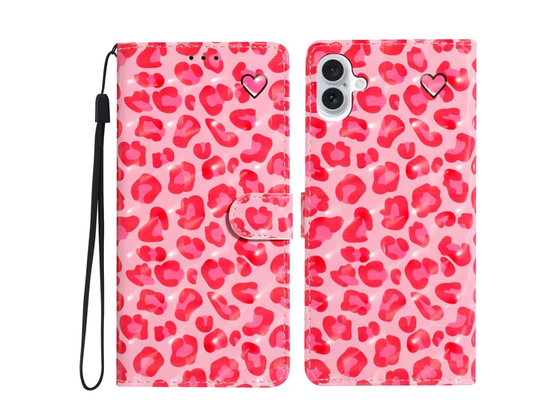Capa Em Couro Pu Para Apple Iphone 16 Plus - Estampado Leopardo Rosa