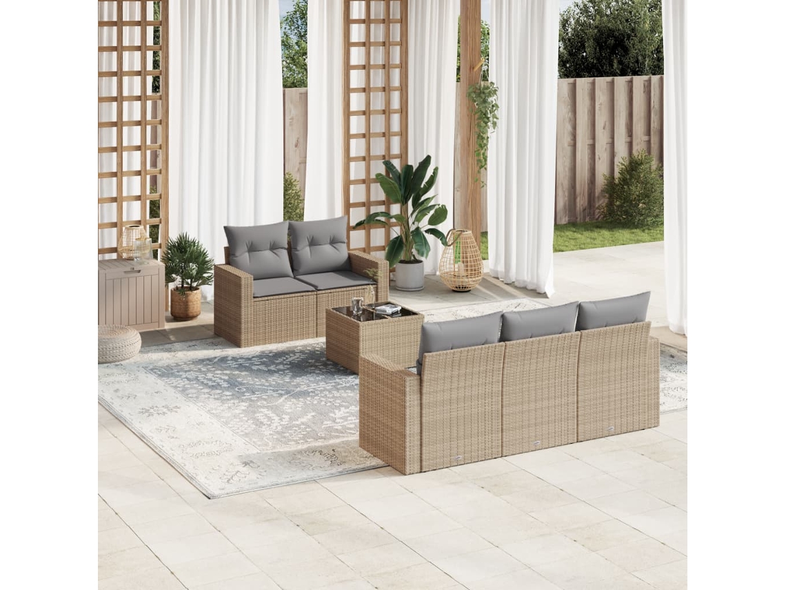 Vidaxl 6 Pcs Conjunto De Sofás P/ Jardim Com Almofadões Vime Pe Bege