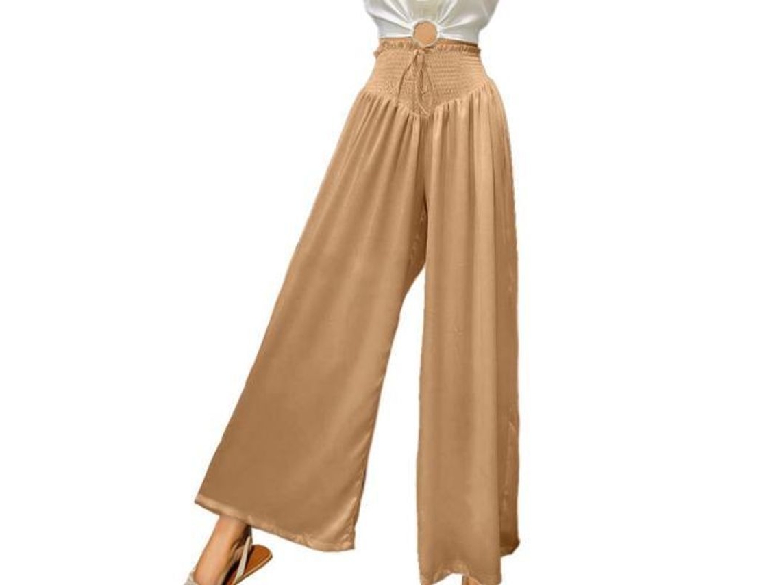 Calça casual de verão Rebe de cintura alta com bolsos elásticos e modelagem fluida, tamanho XL, cor cáqui.