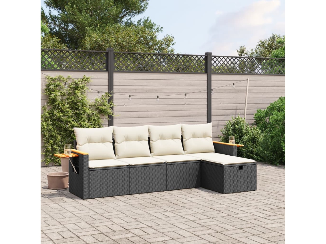 Vidaxl 5 Pcs Conjunto Sofás De Jardim Com Almofadões Vime Pe Preto