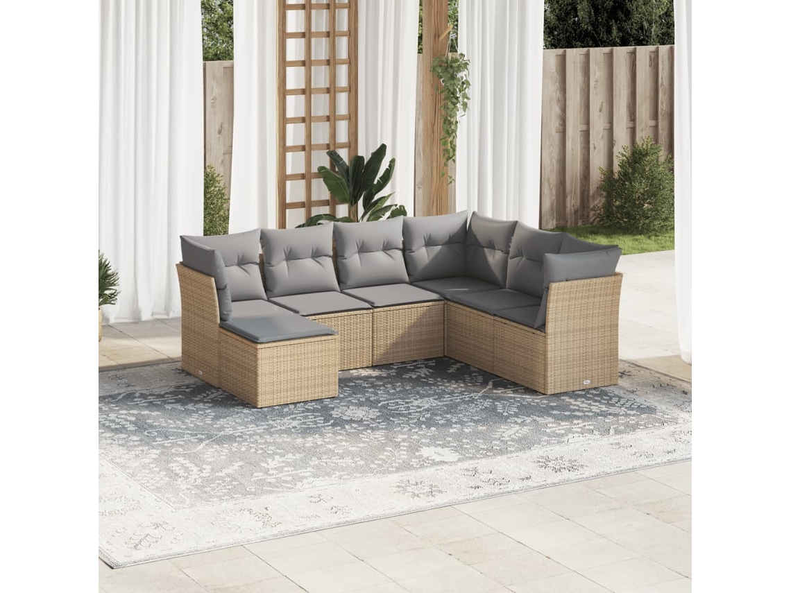 Vidaxl 7 Pcs Conjunto de Sofás P/ Jardim com Almofadões Vime Pe Bege
