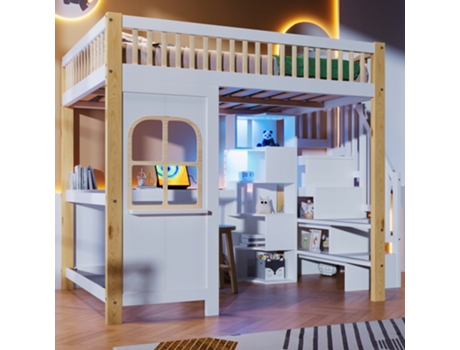 Beliche Arhatreya Com Led, Janela, Treppe Com Baãº, Escrivaninha E Tomada (140x200 Cm Branco/natural)