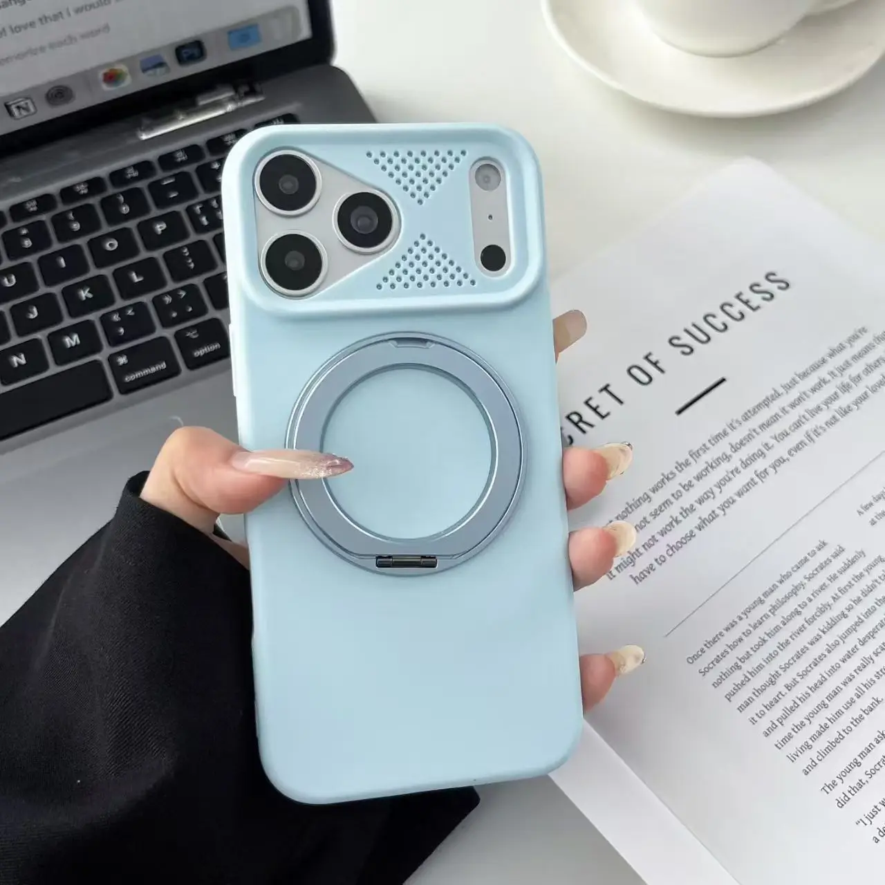 Capa Transparente Magnética Com Suporte De Anel Metálico (azul Claro) Para Iphone 12 Pro Max, Textura Fosca.