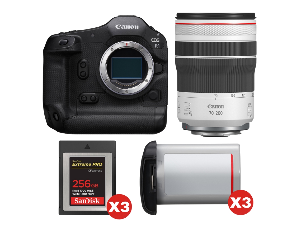 Eos R1 + Rf 70 200mm F/4 L Is Usm + 3 Sandisk 256gb Extreme Pro Cfexpress Type B + 3 Canon Lp e19 + Ebook “20 Dicas para Fotos Que Impressionam” CANON