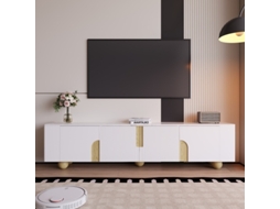 Rack De Tv Branco 180 Cm, 4 Portas, Design Elegante, Superfície Com Efeito Mármore, Pés Esféricos De Madeira Hvorstur