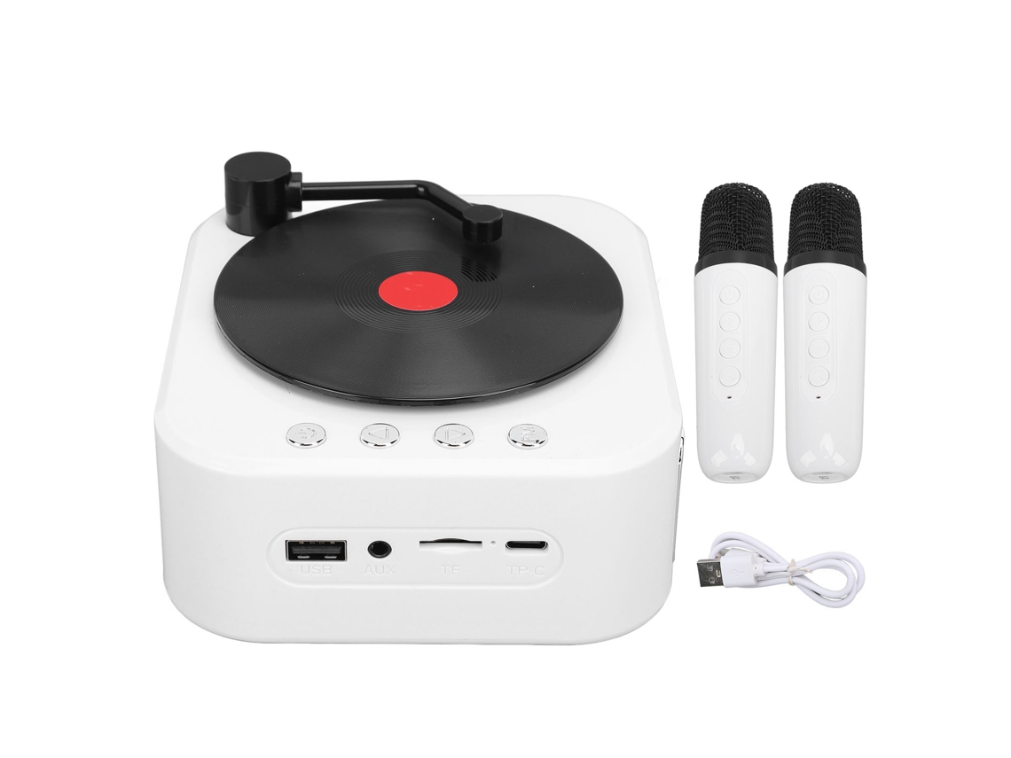 Aetheria toca discos Bluetooth 5.3 Alto falante Retro 3 Modos Som Hifi Portátil com 2 Microfones Branco
