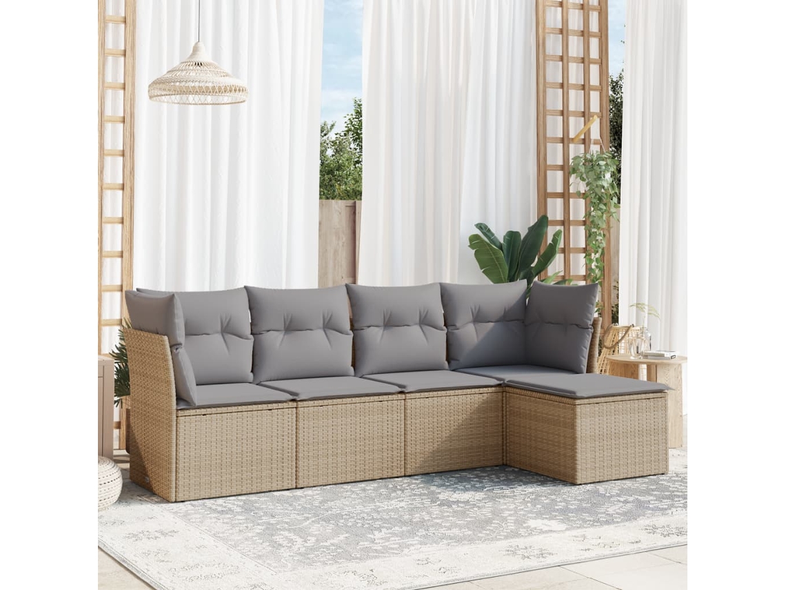 Vidaxl 5 Pcs Conjunto De Sofás P/ Jardim Com Almofadões Vime Pe Bege