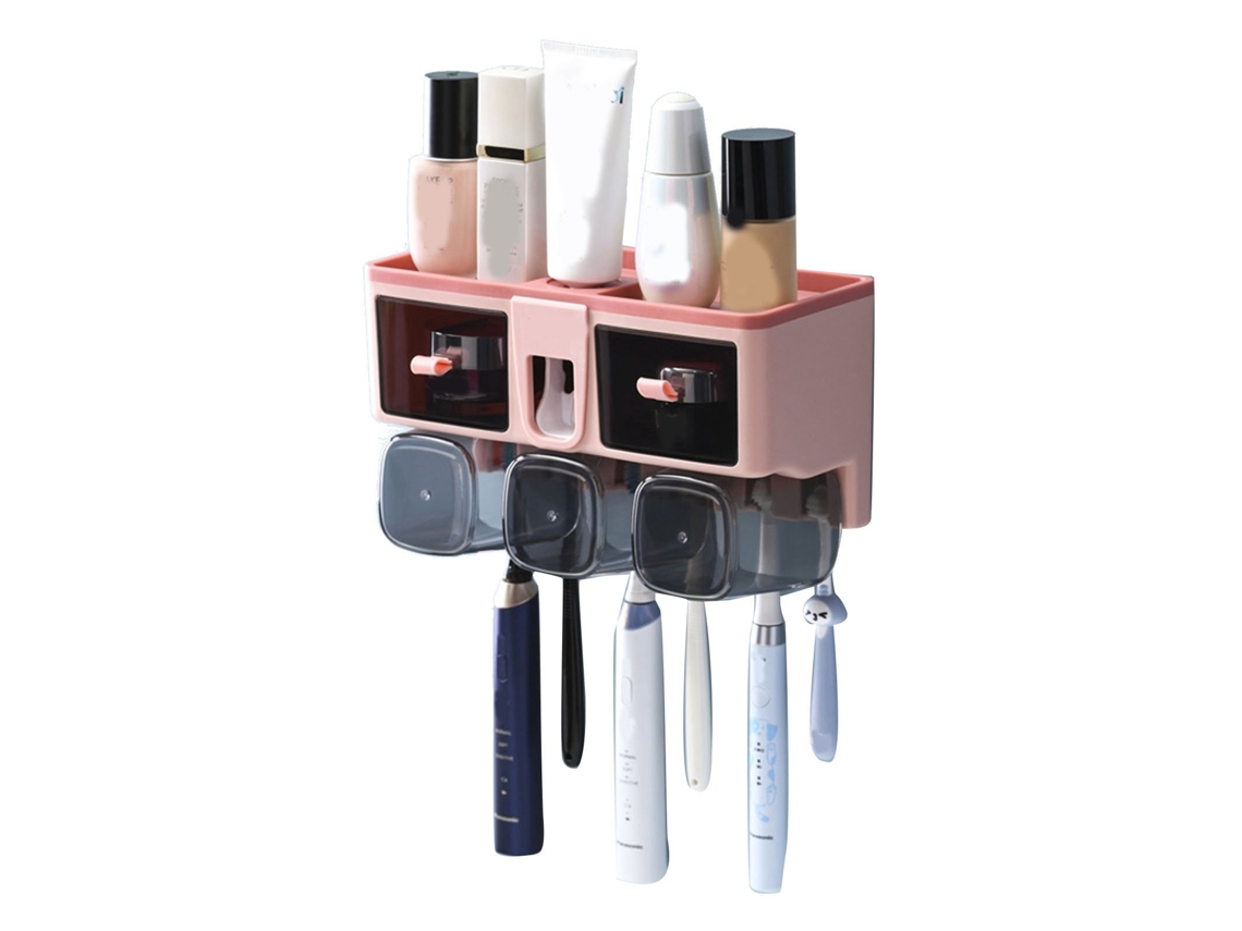 Suporte para Escova de Dentes, Sem Furos, Porta enxaguante Bucal, Organizador para Sanitário, Rosa, Capacidade para 3 Copos AQUAFORGE