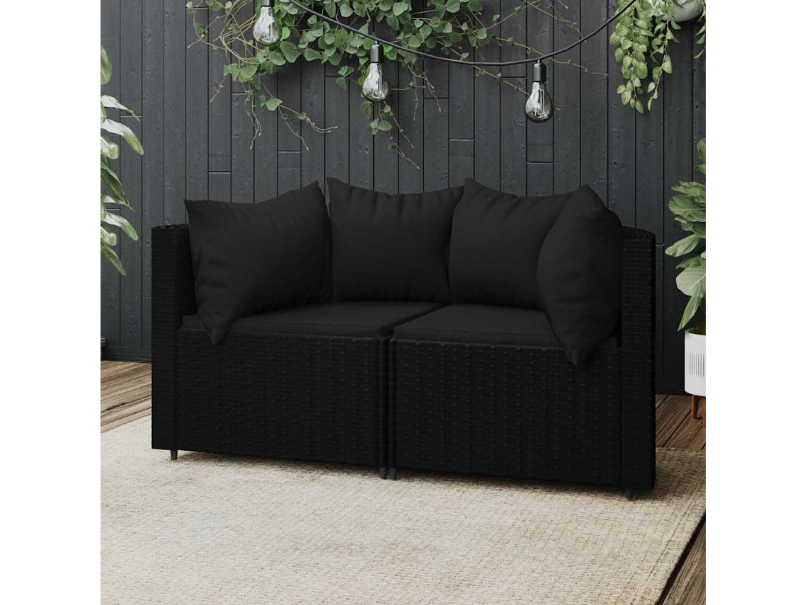 Vidaxl Sofás De Canto P/ Jardim C/ Almofadões 2 Pcs Vime Pe Preto