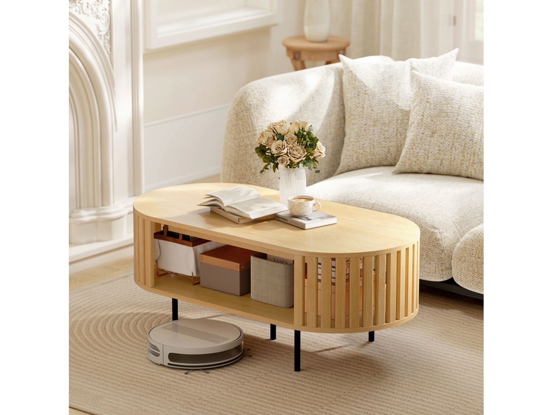 Mesa de Centro Oval, Mesa de Sala com Armazenamento, Cantos Arredondados, Design de Lamelas, 100 X 50 X 40 Cm, Efeito Madeira Natural