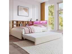 Sofá-cama Bege 140x200cm, Retrátil 90x190cm, Led, Tomadas, Flanela. Cs