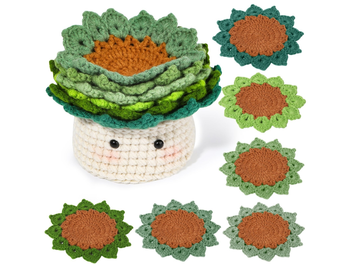Kit de Crochê para Iniciantes, 6 Peças, Porta copos, Fios, Agulha, Marcador, Acessórios AQUAFORGE
