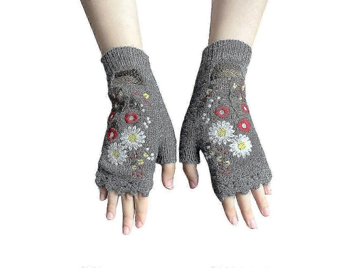 2026 luvas de Lã Feitas À Mão Cinza para Mulheres, Inverno Outono, Crochê Retrô, com Bolso, Tecidos de Algodão Misto