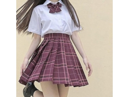 Saia Rebe plissada estilo uniforme escolar japonês, em algodão, cintura alta, estampa xadrez, tamanho XXL feminino, cor vermelho amaranto.