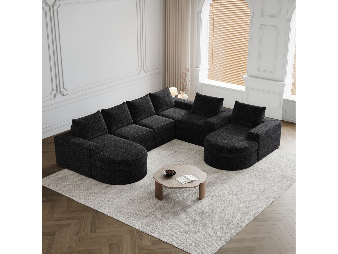 Sofá Chenille Com Curvas E Chaise, Compactado Sem Estrutura, Modular Em L, Espuma Comprimida, Conjunto De Duas Peças.