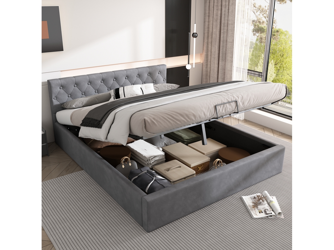 Cama Veludo 140x200 Capitonê Cinza Arrumação Hidráulica Ripas Casal