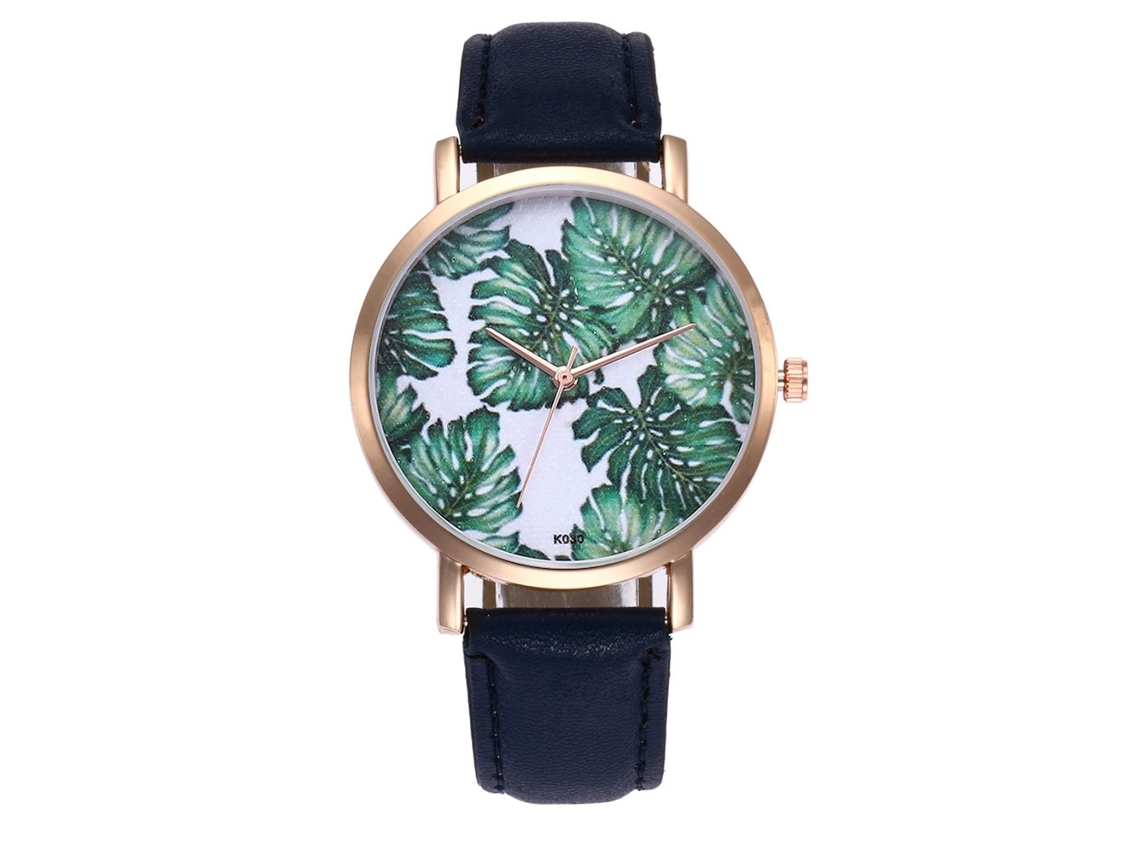 Relógio de Pulso de Quartzo Zhoulianfa com Pulseira Pu Padrão de Folha Azul