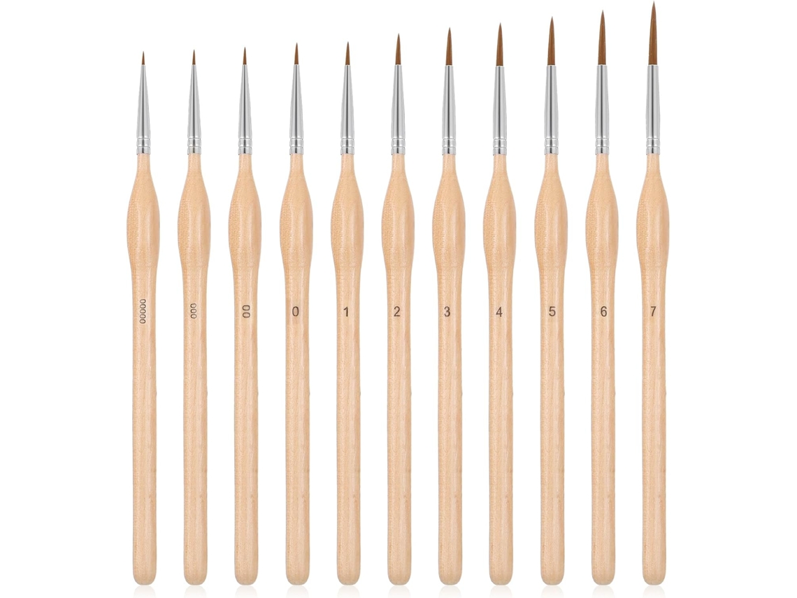 Kit 11 Pincéis de Detalhes em Miniatura, Profissionais, com Cabo de Madeira Natural, Ideal para Pintura de Modelos, Tinta Acrílica AQUAFORGE