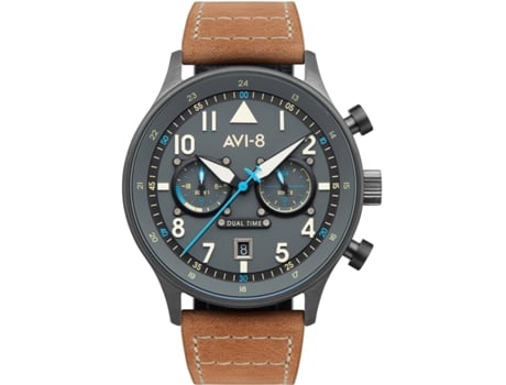 Relógio masculino marrom couro real tartaruga dupla hora Av-4088-04 AVI-8