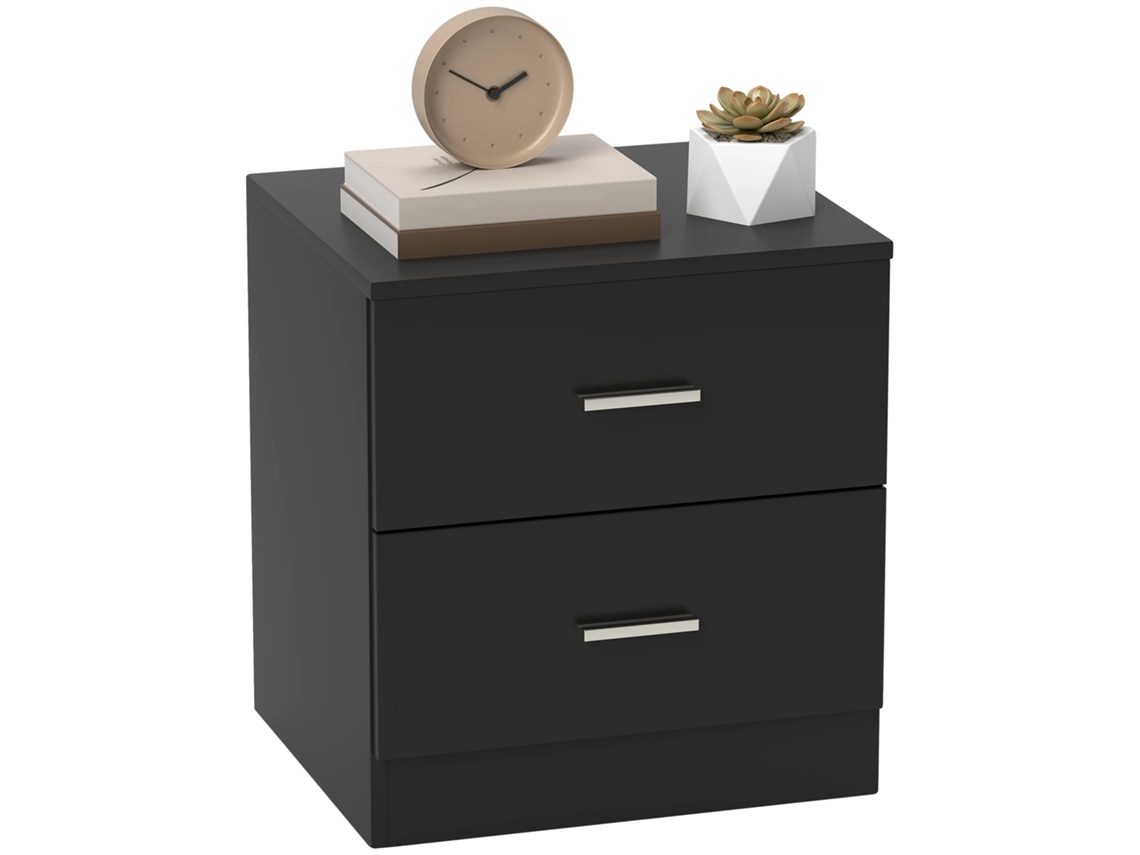 Criado-mudo, Design Moderno, Dois Gavetas Espaçosas, 45x39,5x49 Cm, Preto