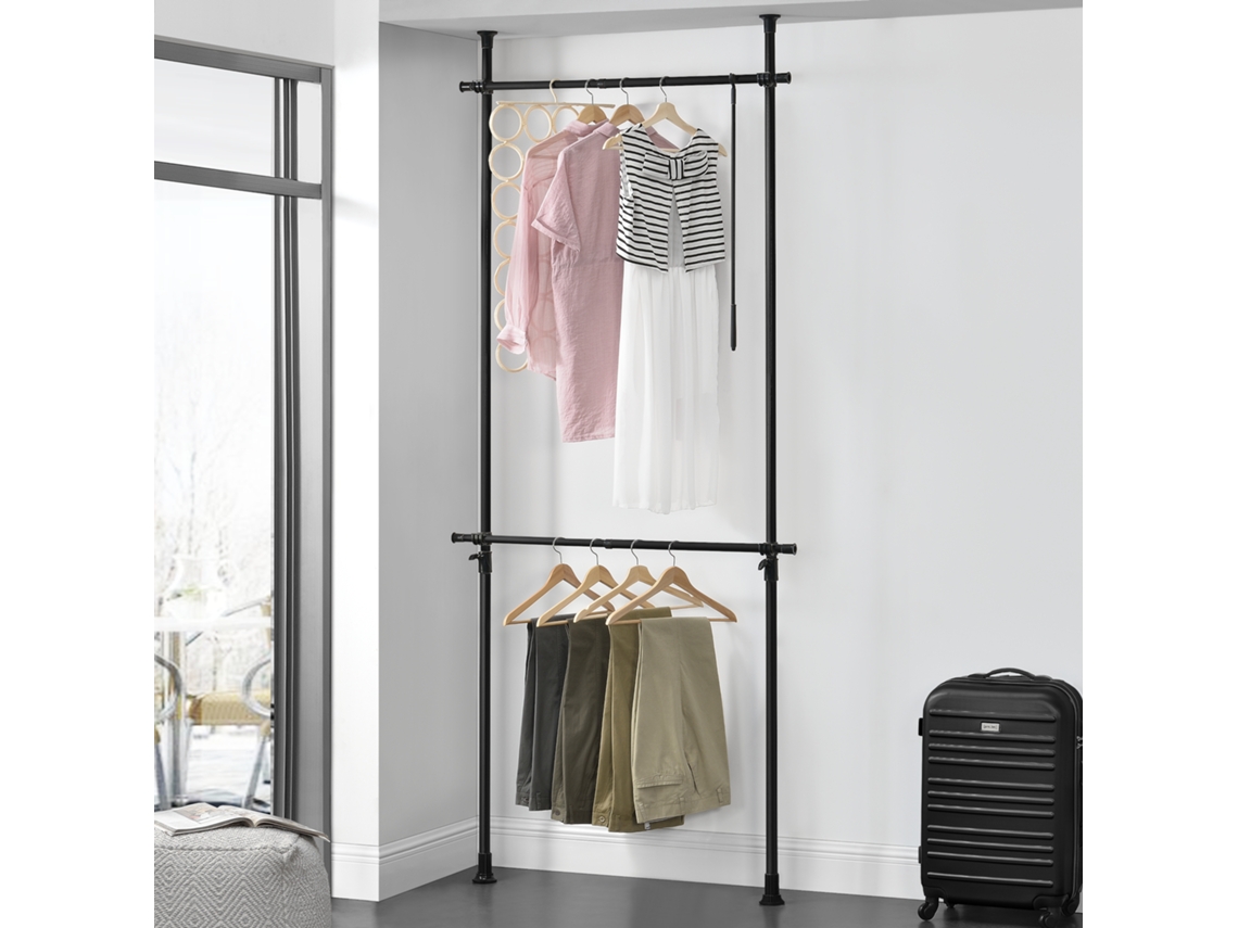 Bengaleiro telescópico Kemi 105-278 x 75 - 115 cm Ajustável 2 x ganchos máx. 20 kg Aço Plástico - Preto [EN.CASA]